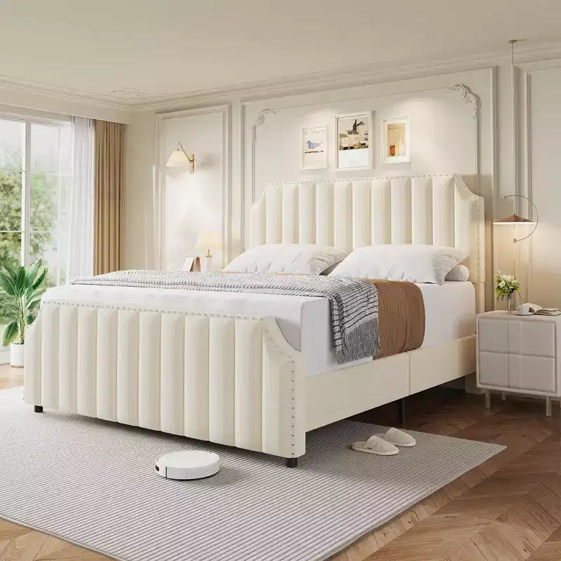 King Size Velvet Bed Frame, 50.2 Tall Headboard & Footboard, Upholstered Platform King Bed Frame with Nailhead Trim, No Box Spring Needed