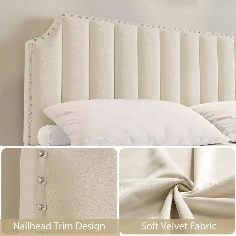 Struttura letto king size in velluto, testiera e pediera alte 127,5 cm, struttura letto king size imbottita con finiture borchiate, non è necessaria la rete a molle