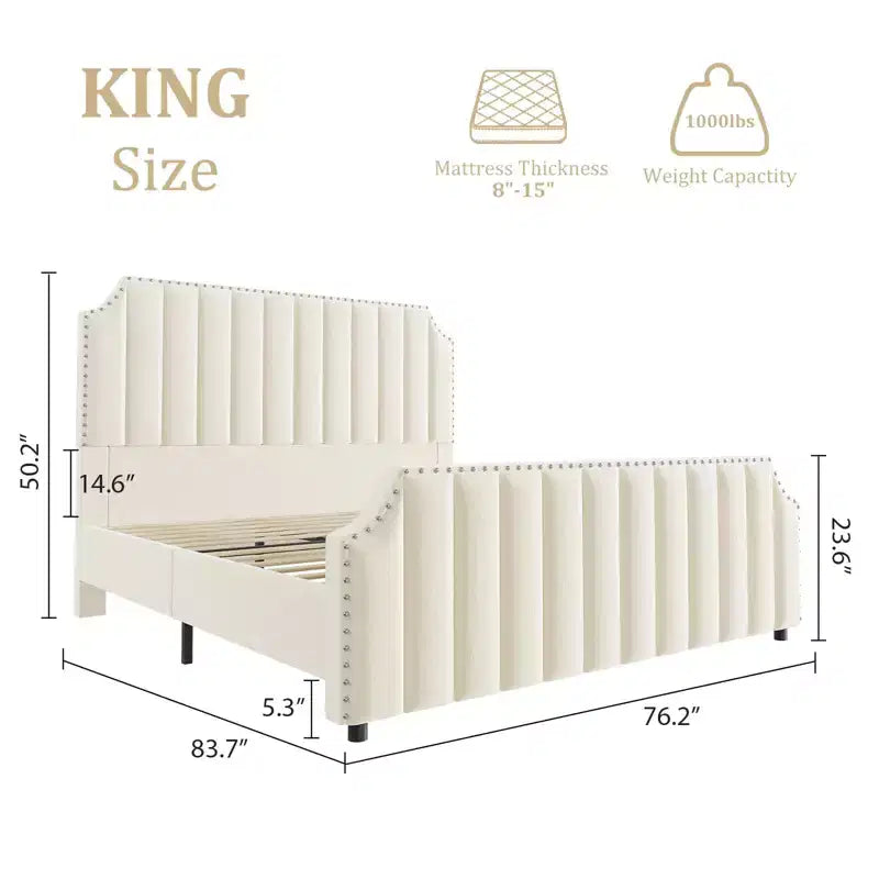Struttura letto king size in velluto, testiera e pediera alte 127,5 cm, struttura letto king size imbottita con finiture borchiate, non è necessaria la rete a molle