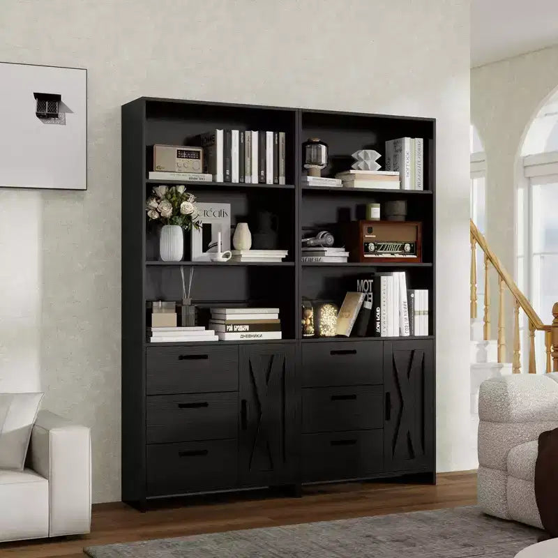Libreria a 6 ripiani con ante e cassetti, libreria con 3 ripiani aperti, libreria in legno con armadietto per casa, ufficio, soggiorno, camera da letto