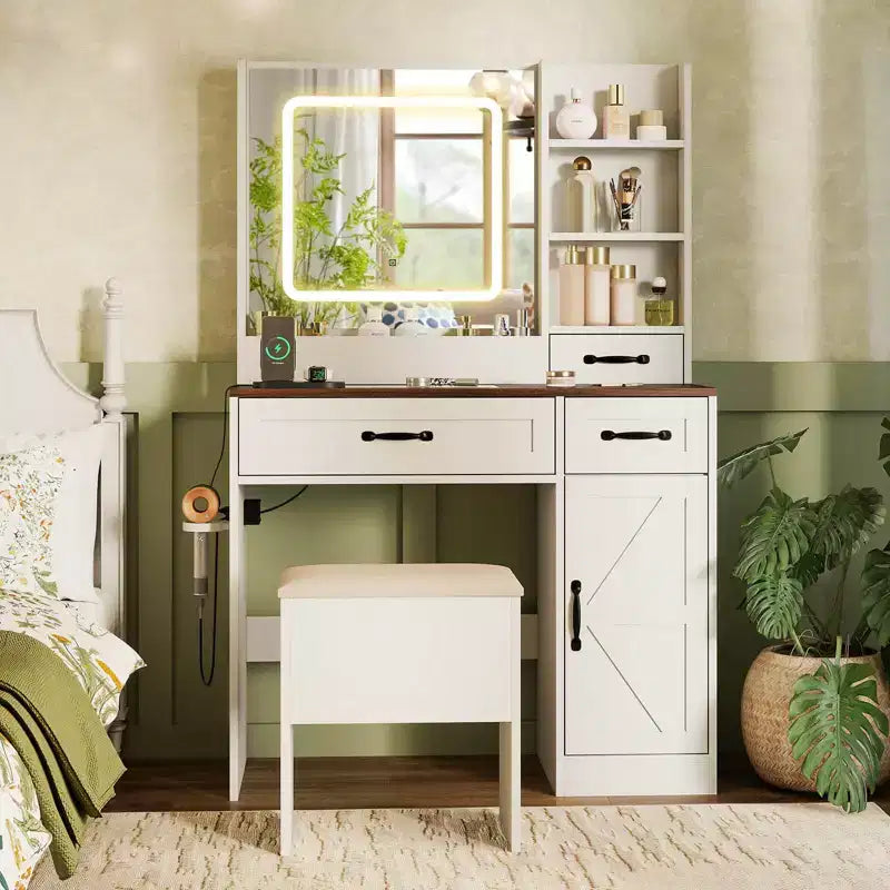 Costway Toeletta con Specchio e Prese di Corrente Tavolo da Trucco con Illuminazione a 3 Colori