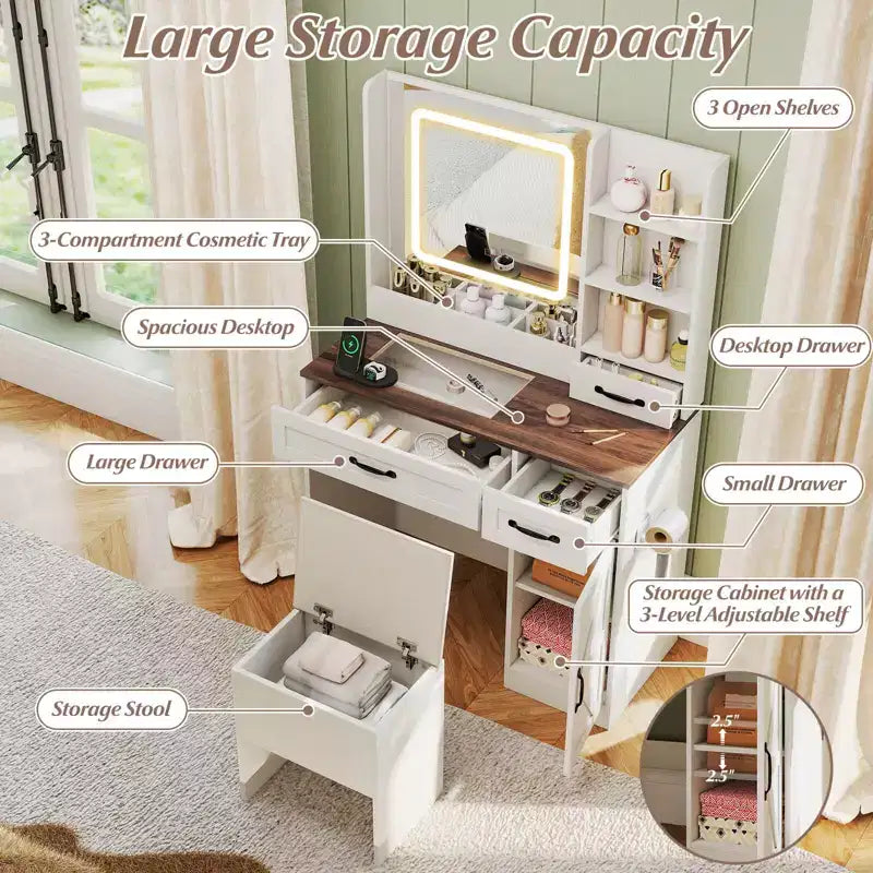 Costway Toeletta con Specchio e Prese di Corrente Tavolo da Trucco con Illuminazione a 3 Colori