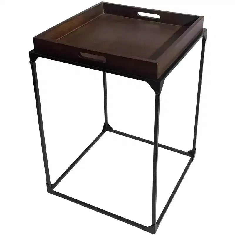 HomeRoots 29 Dark Brown and Black Solid Wood and Iron Square Frame End Table