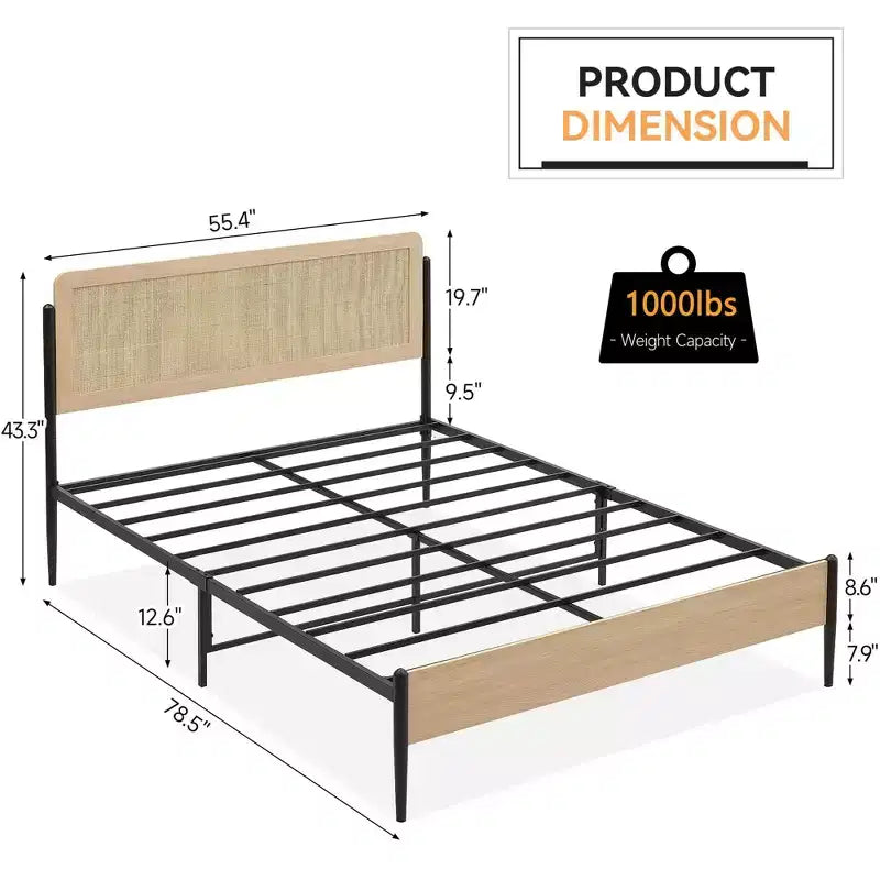Coolmee Letto Matrimoniale/Queen Size con testiera in rattan naturale e pediera in legno massello, giroletto con spazio contenitore sotto il letto
