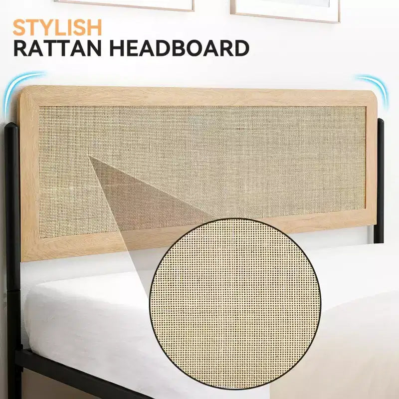 Coolmee Letto Matrimoniale/Queen Size con testiera in rattan naturale e pediera in legno massello, giroletto con spazio contenitore sotto il letto