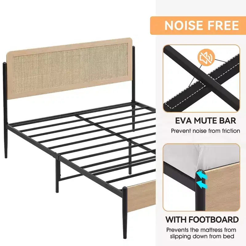 Coolmee Letto Matrimoniale/Queen Size con testiera in rattan naturale e pediera in legno massello, giroletto con spazio contenitore sotto il letto