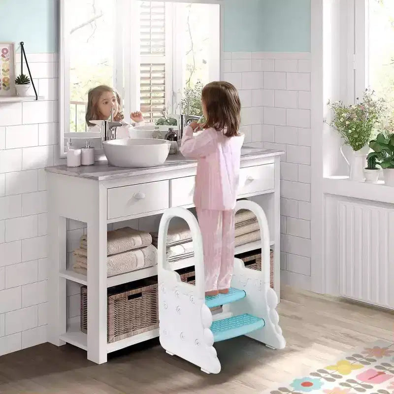 Sgabello per bambini a 2 gradini con corrimano, sgabello antiscivolo per lavandino del bagno, per l'addestramento al vasino, sgabello sicuro per il bancone della cucina, design a doppia altezza