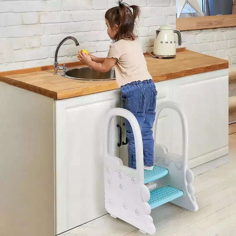 Sgabello per bambini a 2 gradini con corrimano, sgabello antiscivolo per lavandino del bagno, per l'addestramento al vasino, sgabello sicuro per il bancone della cucina, design a doppia altezza