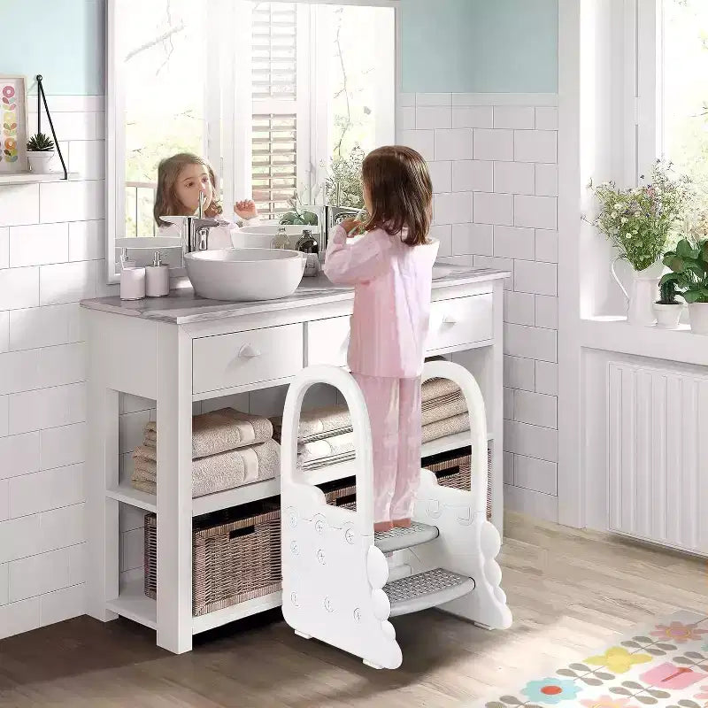 Sgabello per bambini a 2 gradini con corrimano, sgabello antiscivolo per lavandino del bagno, per l'addestramento al vasino, sgabello sicuro per il bancone della cucina, design a doppia altezza