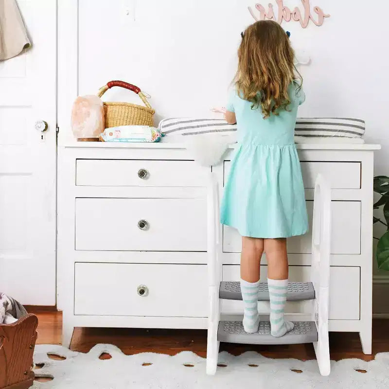 Sgabello per bambini a 2 gradini con corrimano, sgabello antiscivolo per lavandino del bagno, per l'addestramento al vasino, sgabello sicuro per il bancone della cucina, design a doppia altezza