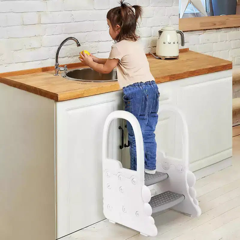 Sgabello per bambini a 2 gradini con corrimano, sgabello antiscivolo per lavandino del bagno, per l'addestramento al vasino, sgabello sicuro per il bancone della cucina, design a doppia altezza