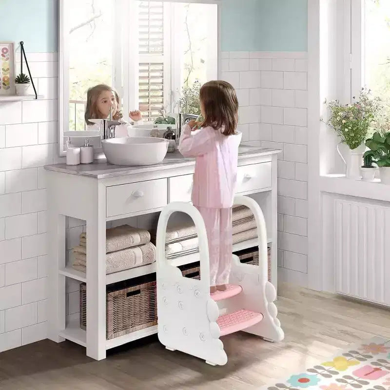 Sgabello per bambini a 2 gradini con corrimano, sgabello antiscivolo per lavandino del bagno, per l'addestramento al vasino, sgabello sicuro per il bancone della cucina, design a doppia altezza