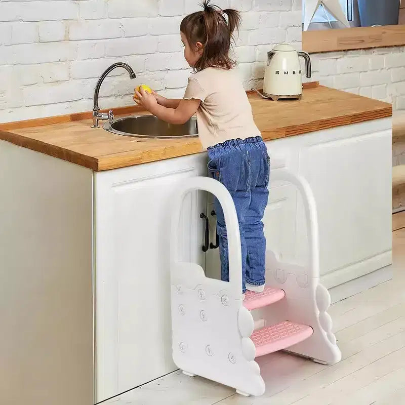 Sgabello per bambini a 2 gradini con corrimano, sgabello antiscivolo per lavandino del bagno, per l'addestramento al vasino, sgabello sicuro per il bancone della cucina, design a doppia altezza