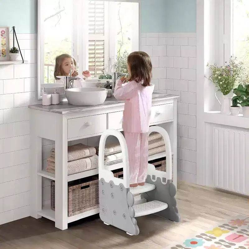 Sgabello per bambini a 2 gradini con corrimano, sgabello antiscivolo per lavandino del bagno, per l'addestramento al vasino, sgabello sicuro per il bancone della cucina, design a doppia altezza