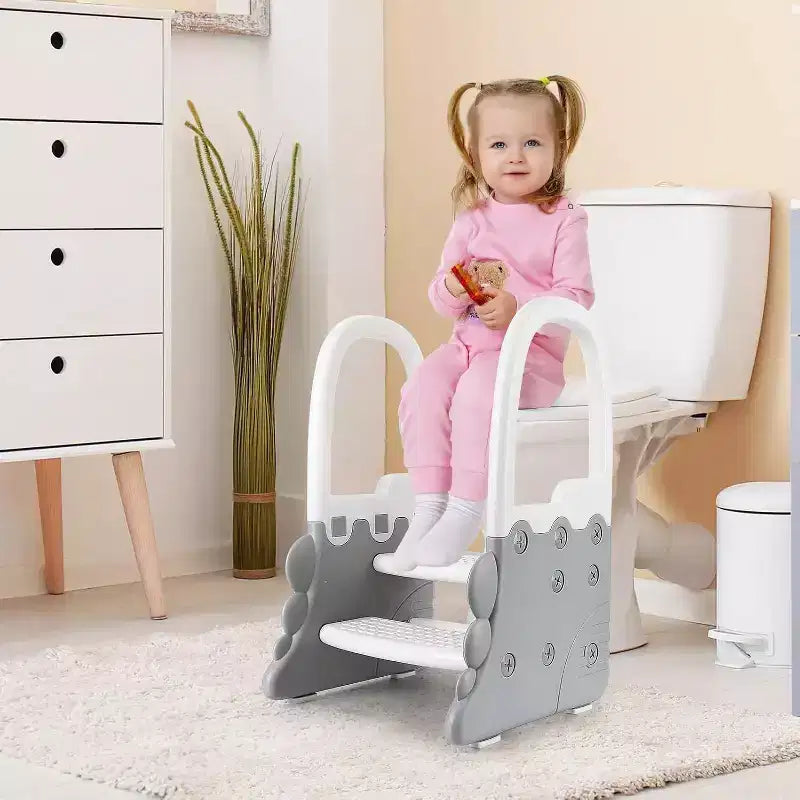Sgabello per bambini a 2 gradini con corrimano, sgabello antiscivolo per lavandino del bagno, per l'addestramento al vasino, sgabello sicuro per il bancone della cucina, design a doppia altezza