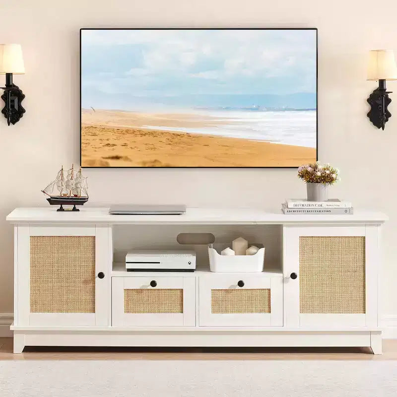 TV Stand, Entertainment Center - for 65+ Inch TV, Rattan Media Console with Storage & Mesh Door, Modern White TV Cabinet for Living Room