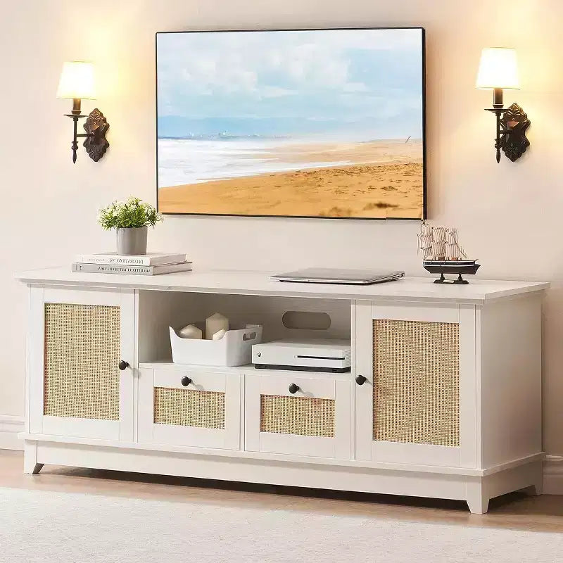 Mobile porta TV, mobile da soggiorno - per TV da 65+ pollici, console multimediale in rattan con contenitore e sportello in rete, mobile TV moderno bianco per soggiorno