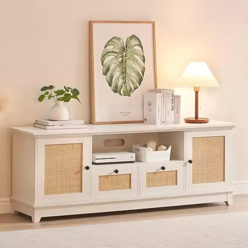 Mobile porta TV, mobile da soggiorno - per TV da 65+ pollici, console multimediale in rattan con contenitore e sportello in rete, mobile TV moderno bianco per soggiorno