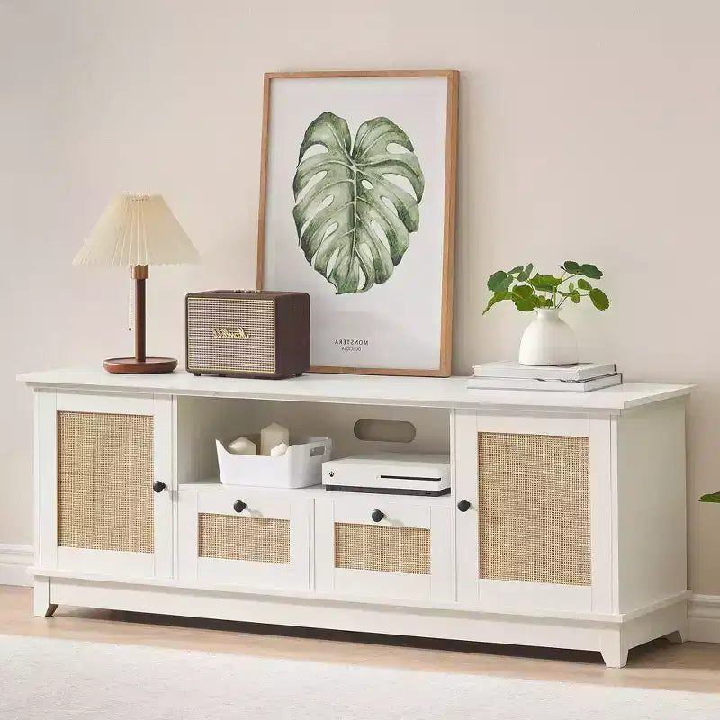 Mobile porta TV, mobile da soggiorno - per TV da 65+ pollici, console multimediale in rattan con contenitore e sportello in rete, mobile TV moderno bianco per soggiorno