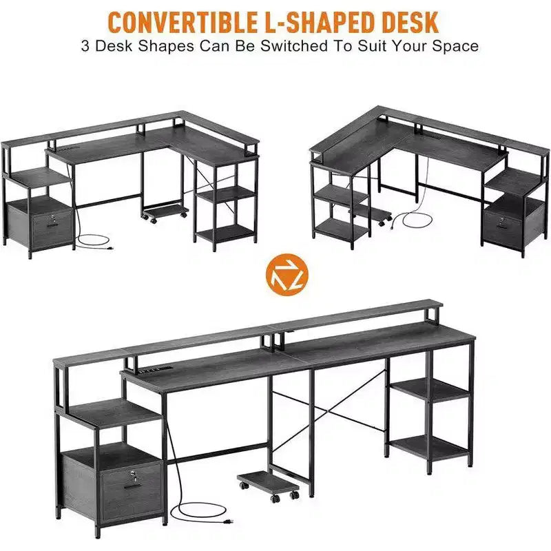Scrivania a L, Scrivania da Ufficio Reversibile da 193 cm con Cassettiera per Archivio per Ufficio Domestico