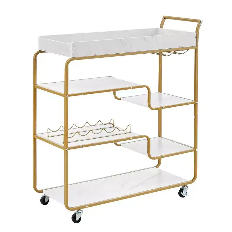 NAYSAYE 6 Tier Bar Cart Retro Style Rolling Serving Cart with Wine Rack and Glass Holder for Kitchen and Dining, Gold, 35.63*13.98*40.35
