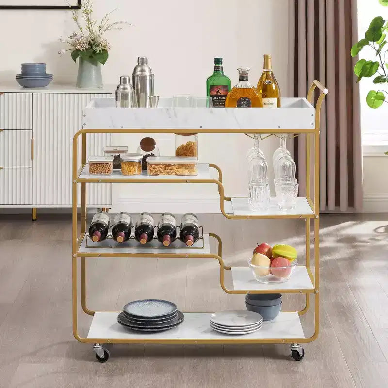 NAYSAYE Carrello Bar a 6 Ripiani, Carrello da Portata Mobile in Stile Retrò con Portabottiglie e Portabicchiere per Cucina e Sala da Pranzo, Oro, 35.63*13.98*40.35