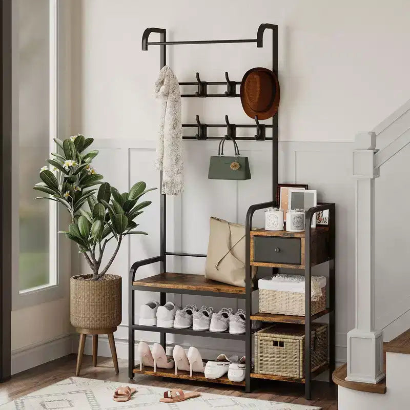 3-in-1 Hall Tree Coat Rack with Shoe Storage and Drawer, Heavy-Duty Steel Frame Entryway Bench, Multifunctional Mudroom Organizer