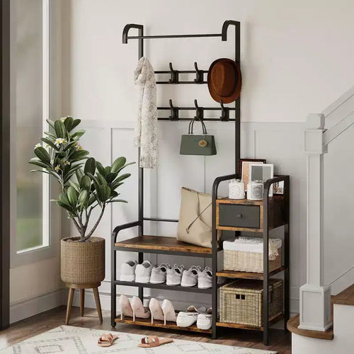 3-in-1 Hall Tree Coat Rack with Shoe Storage and Drawer, Heavy-Duty Steel Frame Entryway Bench, Multifunctional Mudroom Organizer