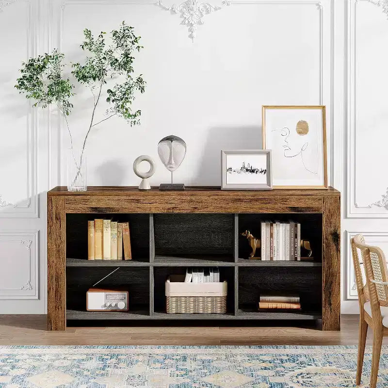 Libreria orizzontale Lantine, organizzatore di archiviazione a 6 cubi, libreria lunga, console ampia con scomparti per ufficio domestico, soggiorno