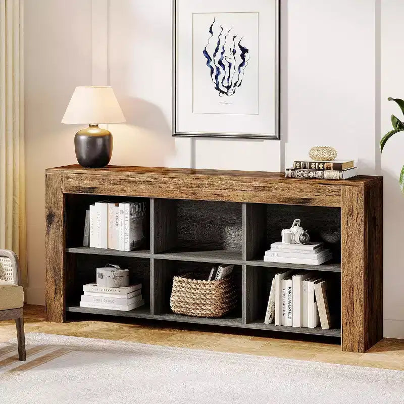 Libreria orizzontale Lantine, organizzatore di archiviazione a 6 cubi, libreria lunga, console ampia con scomparti per ufficio domestico, soggiorno