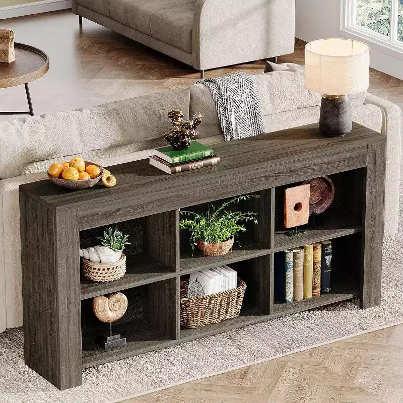 Libreria orizzontale Lantine, organizzatore di archiviazione a 6 cubi, libreria lunga, console ampia con scomparti per ufficio domestico, soggiorno