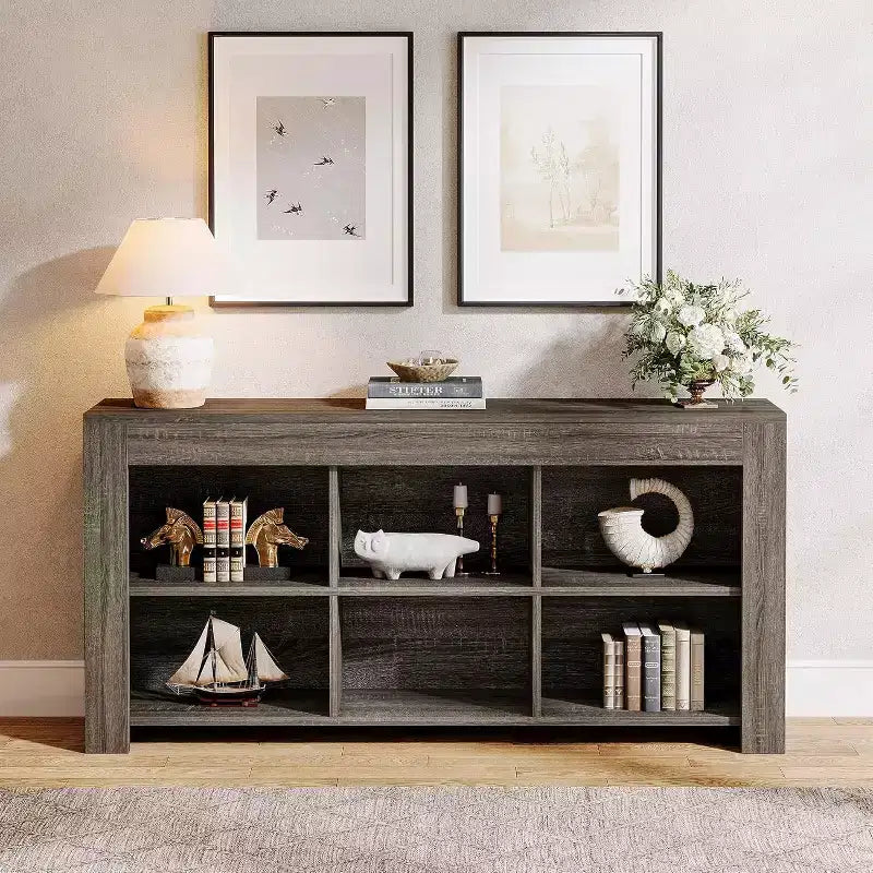 Libreria orizzontale Lantine, organizzatore di archiviazione a 6 cubi, libreria lunga, console ampia con scomparti per ufficio domestico, soggiorno