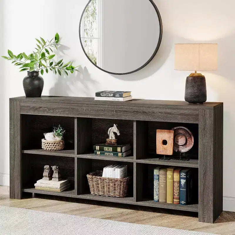 Libreria orizzontale Lantine, organizzatore di archiviazione a 6 cubi, libreria lunga, console ampia con scomparti per ufficio domestico, soggiorno