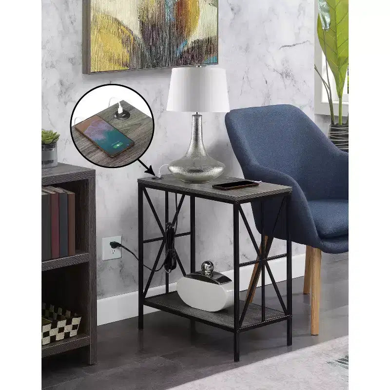 HomeStock Belmont Chairside End Table with Charging Station and Shelf, Two USB Ports, Stylish Crisscross Frame Accent Table for Bedroom Dcor