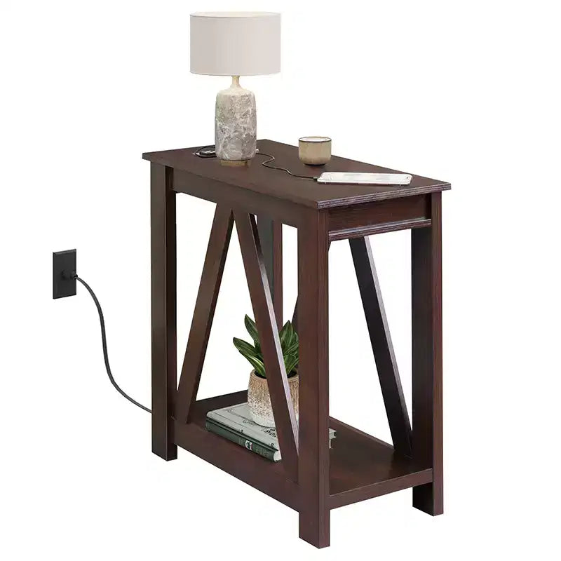 GALAXHERO Slim End Table with Charging Station - Farmhouse Narrow Side Table with Open Storage Shelves for Small Spaces Bedroom/Living Room