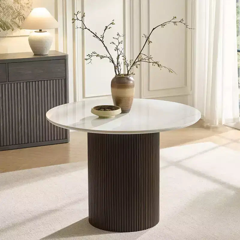 Tavolo da pranzo in finto marmo - Piano in pietra sinterizzata da 42" e base in legno massello, tavolo da pranzo rotondo scanalato in stile moderno per cucina - Morden Fort