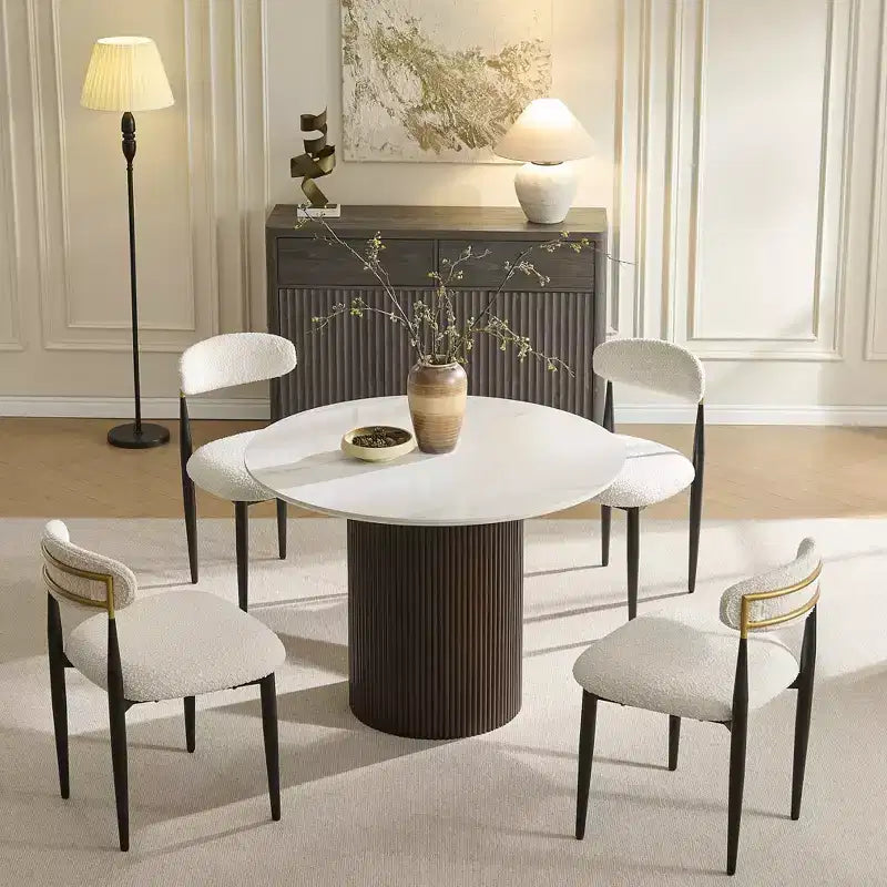 Tavolo da pranzo in finto marmo - Piano in pietra sinterizzata da 42" e base in legno massello, tavolo da pranzo rotondo scanalato in stile moderno per cucina - Morden Fort