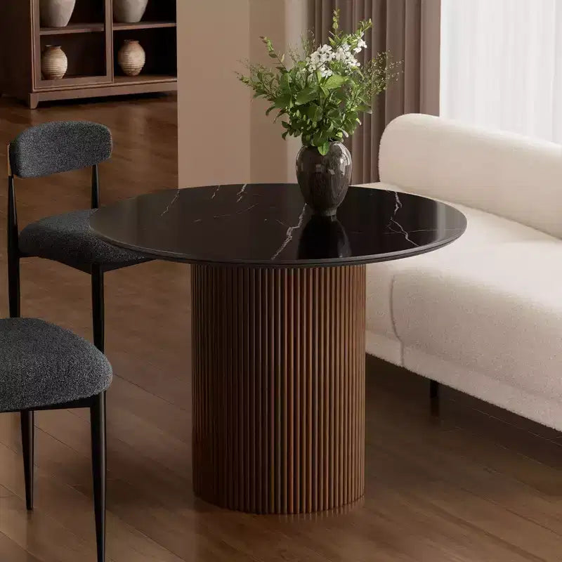 Tavolo da pranzo in finto marmo - Piano in pietra sinterizzata da 42" e base in legno massello, tavolo da pranzo rotondo scanalato in stile moderno per cucina - Morden Fort