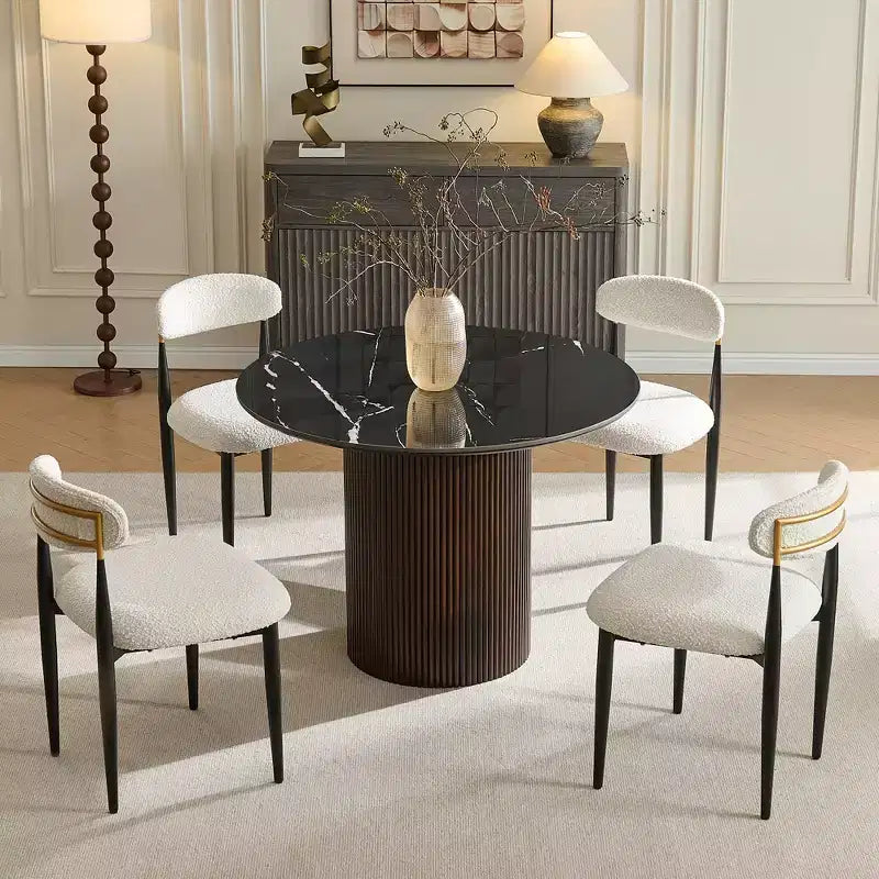 Tavolo da pranzo in finto marmo - Piano in pietra sinterizzata da 42" e base in legno massello, tavolo da pranzo rotondo scanalato in stile moderno per cucina - Morden Fort