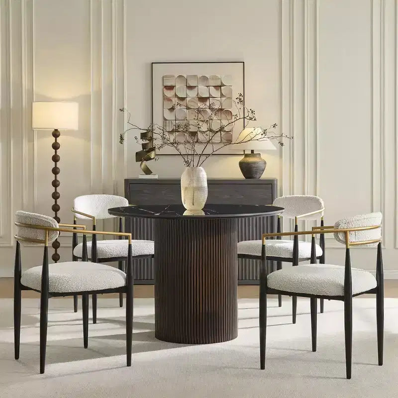Tavolo da pranzo in finto marmo - Piano in pietra sinterizzata da 42" e base in legno massello, tavolo da pranzo rotondo scanalato in stile moderno per cucina - Morden Fort