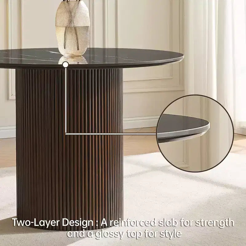 Tavolo da pranzo in finto marmo - Piano in pietra sinterizzata da 42" e base in legno massello, tavolo da pranzo rotondo scanalato in stile moderno per cucina - Morden Fort