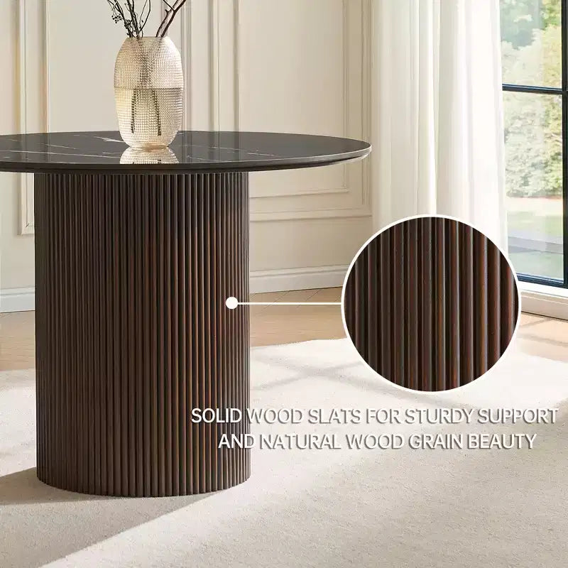Tavolo da pranzo in finto marmo - Piano in pietra sinterizzata da 42" e base in legno massello, tavolo da pranzo rotondo scanalato in stile moderno per cucina - Morden Fort