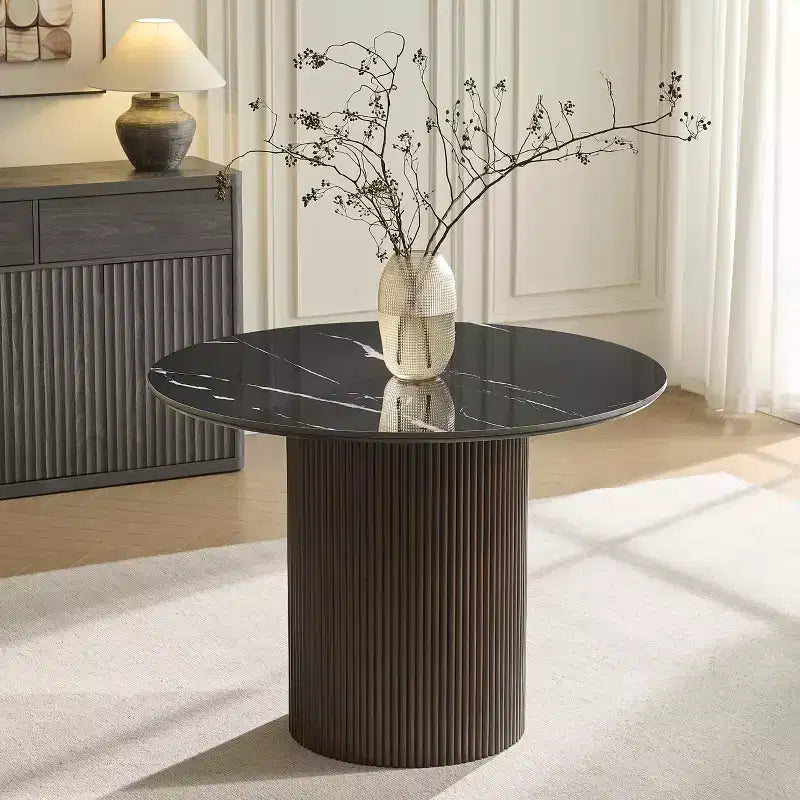 Faux Marble Dining Table - 42 Sintered Stone Top & Solid Wood Base, Modern Style Fluted Round Dining Table for Kitchen Room - Morden Fort