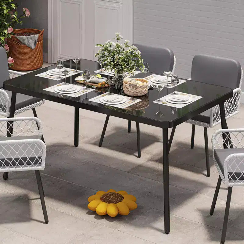 Tavolo da pranzo rettangolare da 150 cm con piano in vetro temperato e struttura in metallo, per 4-6 persone, nero