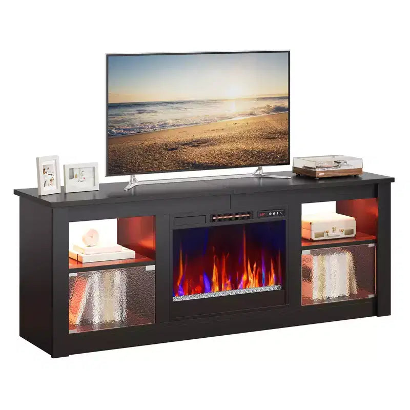Mobile TV Bestier da 63 pollici con camino per TV fino a 70 pollici, console multimediale con armadietti e mensole, centro di intrattenimento a LED con riscaldatore a camino con telecomando