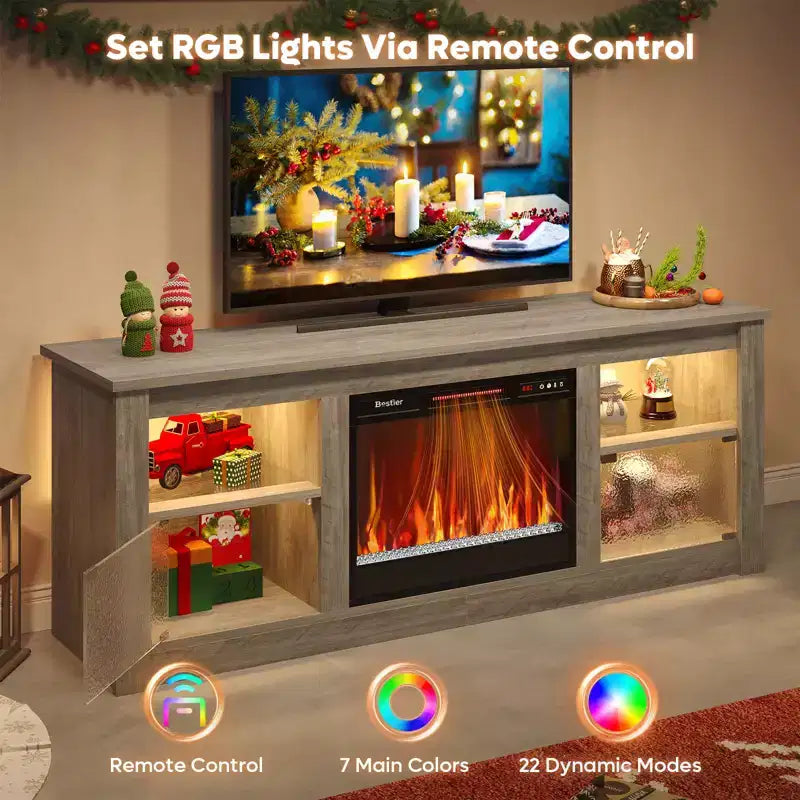 Mobile TV Bestier da 63 pollici con camino per TV fino a 70 pollici, console multimediale con armadietti e mensole, centro di intrattenimento a LED con riscaldatore a camino con telecomando