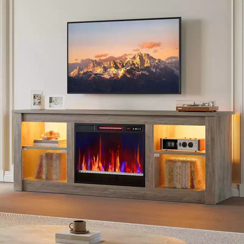 Mobile TV Bestier da 63 pollici con camino per TV fino a 70 pollici, console multimediale con armadietti e mensole, centro di intrattenimento a LED con riscaldatore a camino con telecomando