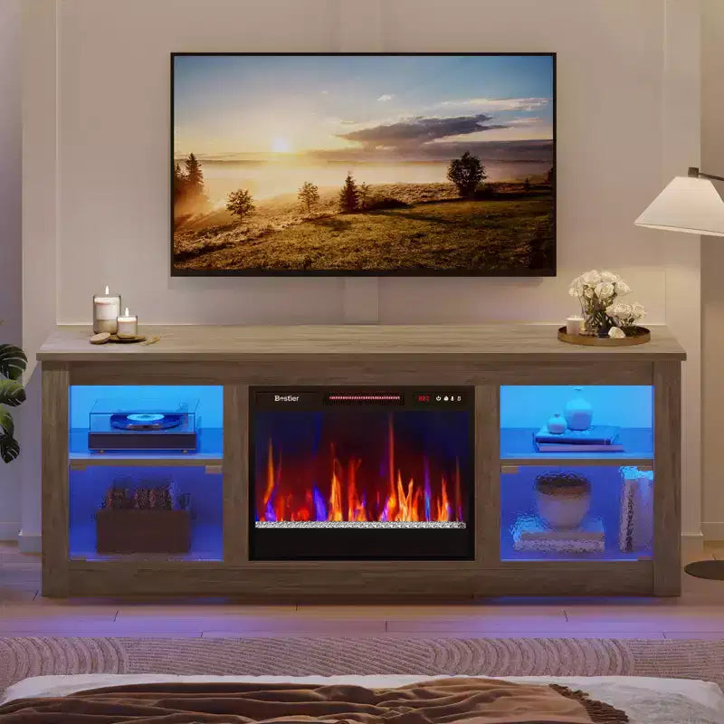 Mobile TV Bestier da 63 pollici con camino per TV fino a 70 pollici, console multimediale con armadietti e mensole, centro di intrattenimento a LED con riscaldatore a camino con telecomando