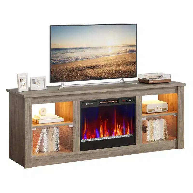 Mobile TV Bestier da 63 pollici con camino per TV fino a 70 pollici, console multimediale con armadietti e mensole, centro di intrattenimento a LED con riscaldatore a camino con telecomando