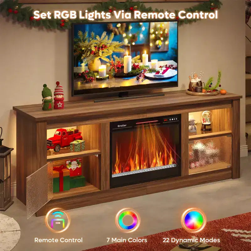 Mobile TV Bestier da 63 pollici con camino per TV fino a 70 pollici, console multimediale con armadietti e mensole, centro di intrattenimento a LED con riscaldatore a camino con telecomando